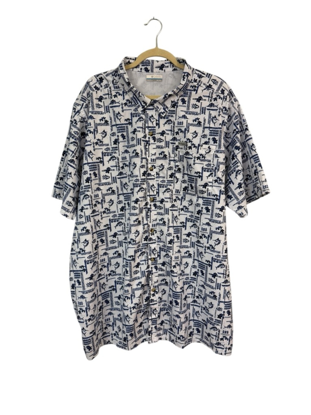 Columbia Men's 3XT Button Down Vented Fishing Shirt White Blue Short Sleeves